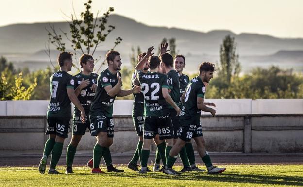 Los jugadores del Alfaro, de verde ayer, celebran uno de sus goles./Justo Rodríguez