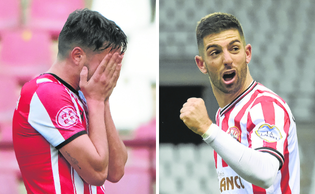 Titi se echa las manos a la cara en el partido ante el Alcoyano. Iker Unzueta, máximo goleador de la SDLogroñés, celebra un tanto. /FERNANDO DÍAZ